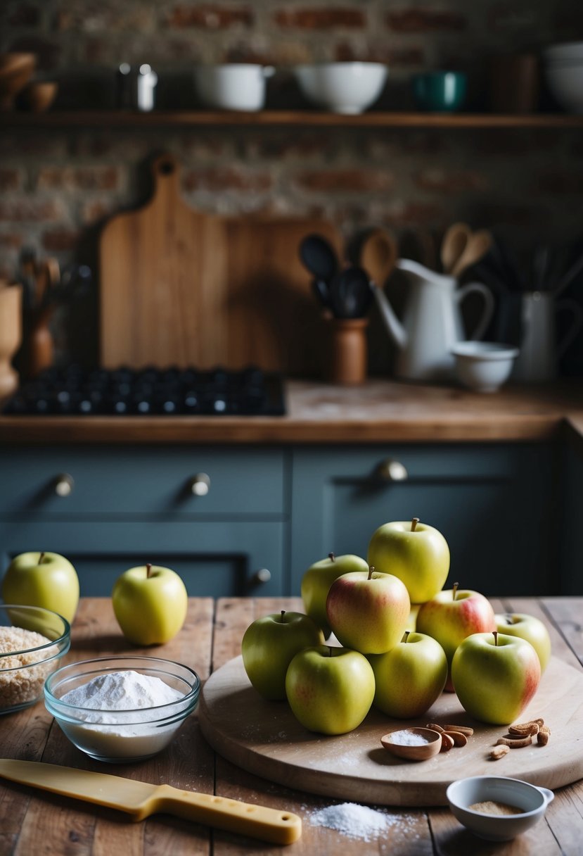 A rustic kitchen counter with a pile of Jonagold apples, a cutting board, and various baking ingredients scattered around