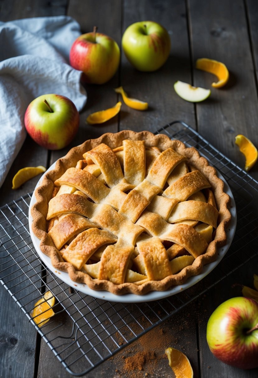 A rustic kitchen table with a freshly baked Jonagold apple pie cooling on a wire rack, surrounded by scattered apple peels and a dusting of cinnamon