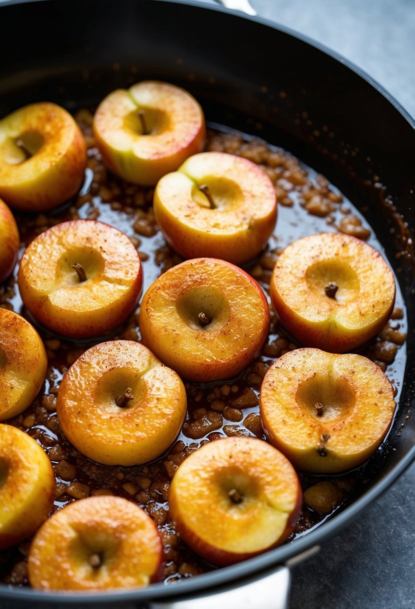 A skillet of golden-brown caramelized Jonagold apples sizzling in a bubbling mixture of butter, sugar, and cinnamon