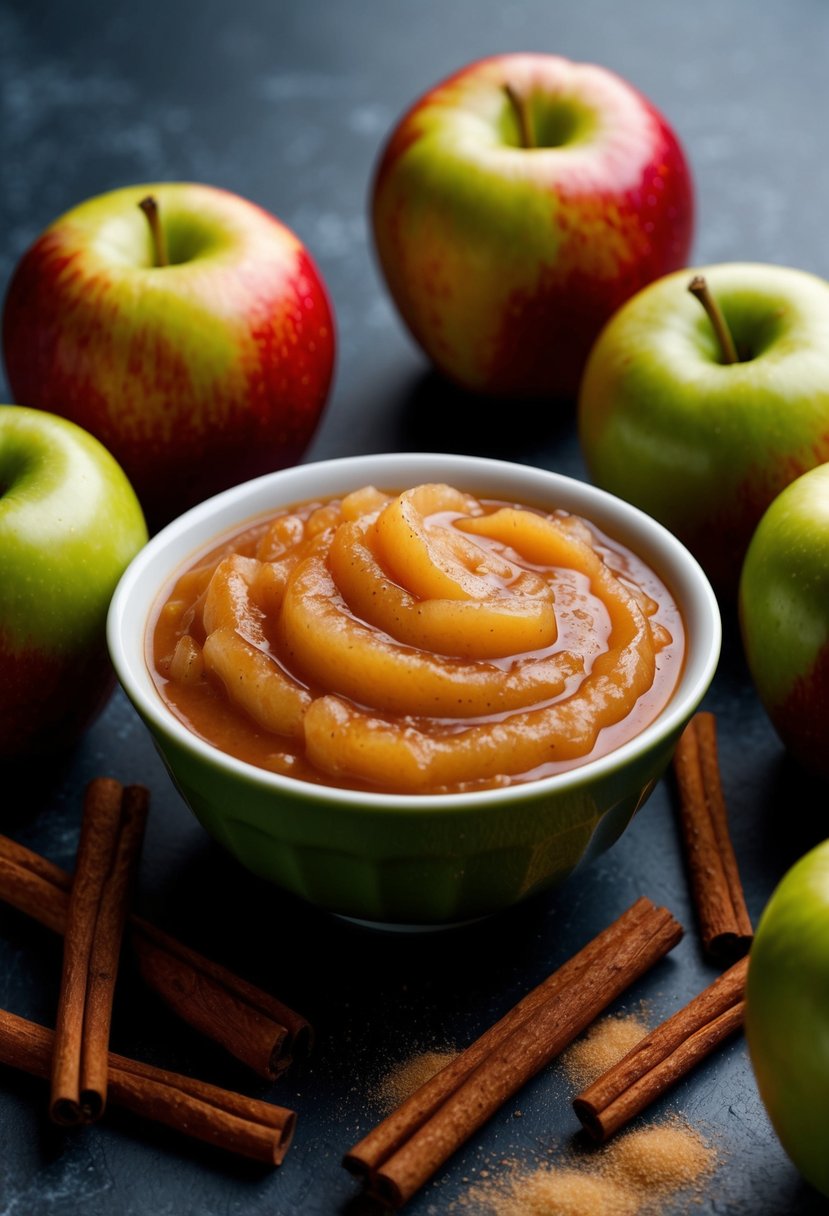 A bowl of freshly made jonagold applesauce surrounded by whole jonagold apples and a scattering of cinnamon sticks