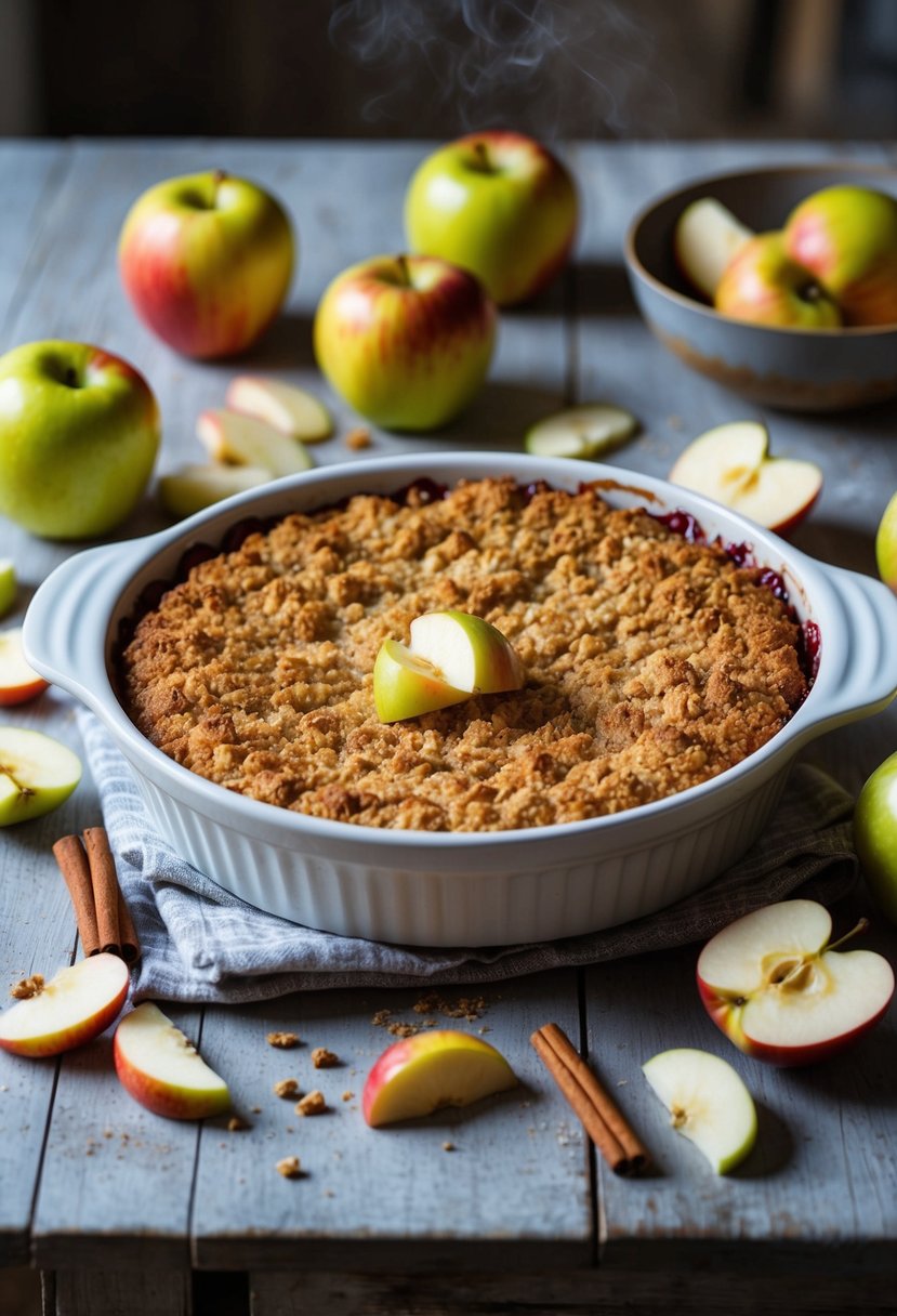 A rustic kitchen table with a freshly baked Jonagold apple crisp surrounded by scattered apple slices and a hint of cinnamon in the air