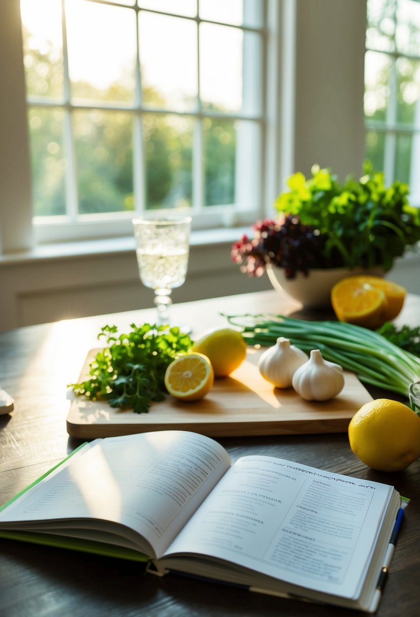 A table set with fresh ingredients, a cutting board, and a cookbook open to a recipe page. Sunlight streams through the window