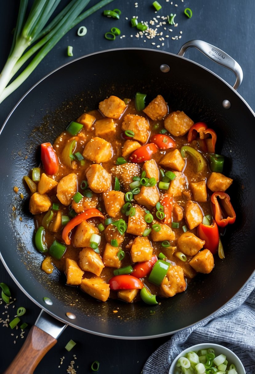 A sizzling wok filled with chunks of chicken, vibrant bell peppers, and a glossy, aromatic Manchurian sauce, surrounded by a scattering of fresh green onions and sesame seeds