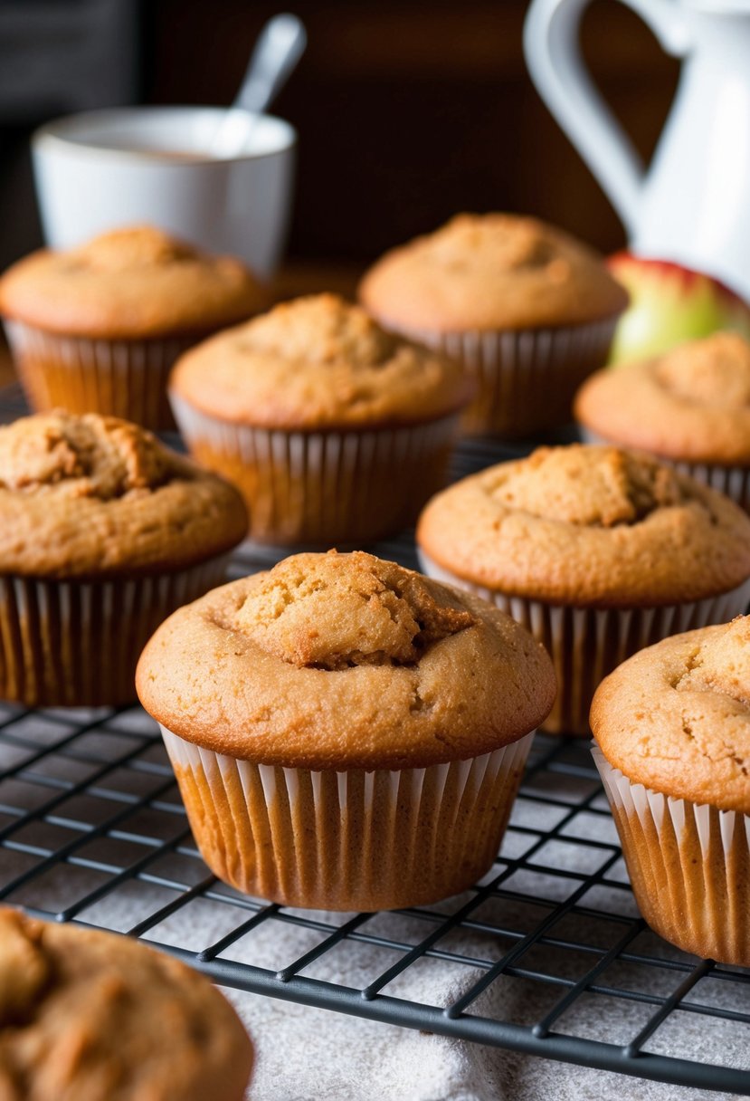 Freshly baked spiced Jonagold apple muffins cooling on a wire rack. A warm, cozy kitchen with a hint of cinnamon in the air