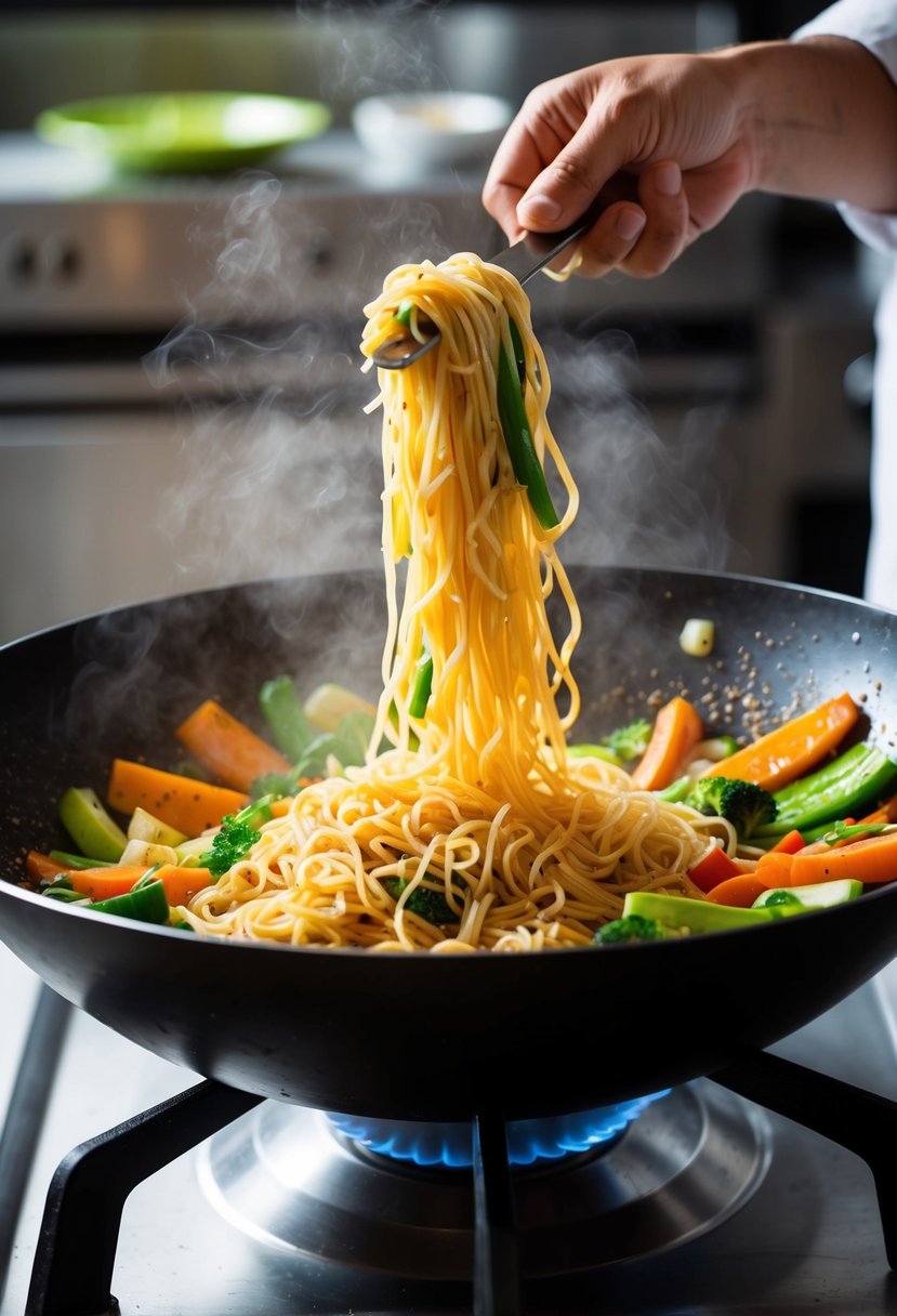 A steaming wok sizzles with colorful vegetables and strands of Hakka noodles, as a chef tosses them in a savory sauce