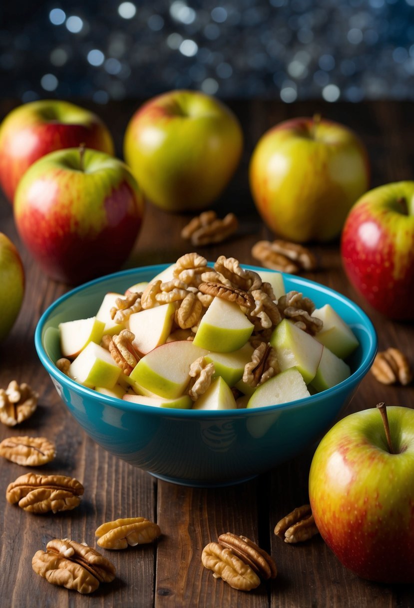 A bowl of Jonagold apple salad surrounded by fresh apples and a scattering of walnuts on a wooden table