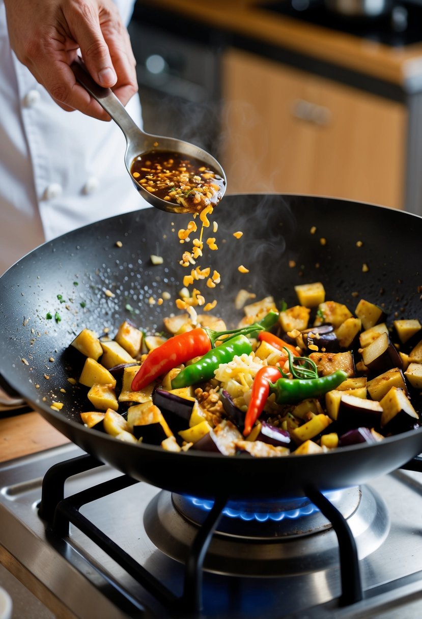 A wok sizzling with diced eggplant, garlic, and chili peppers, as a chef adds a savory blend of soy sauce and spices