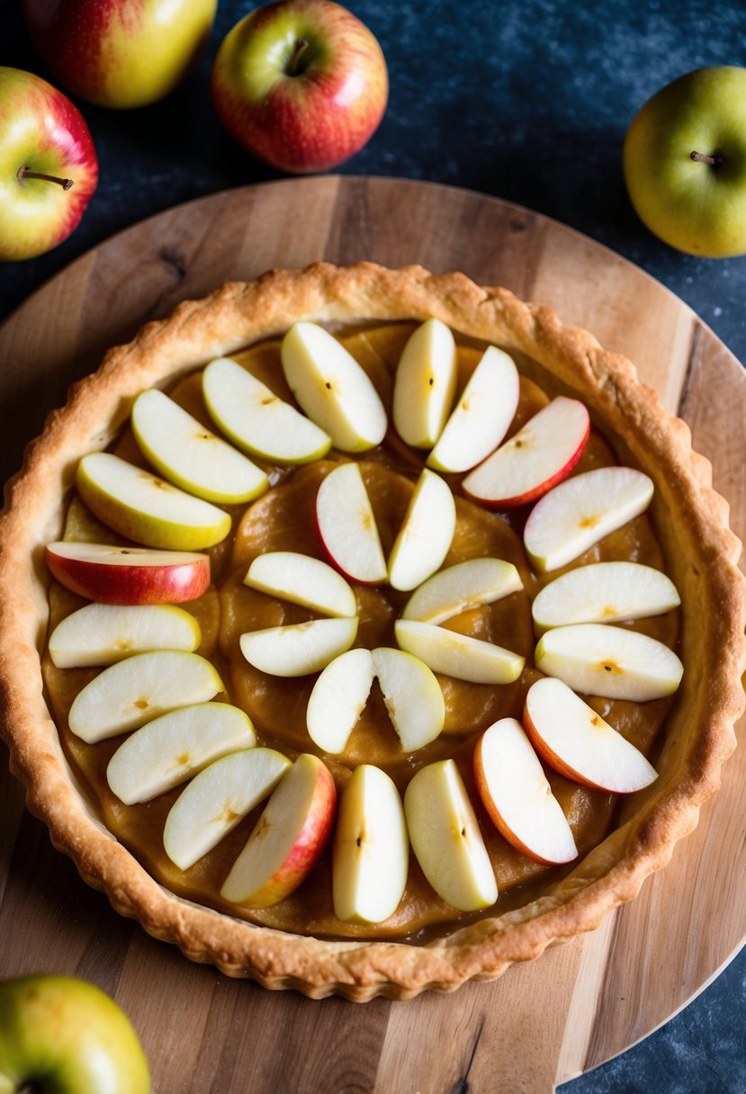 A rustic apple tart with slices of jonagold apples arranged in a circular pattern on a golden-brown, flaky crust