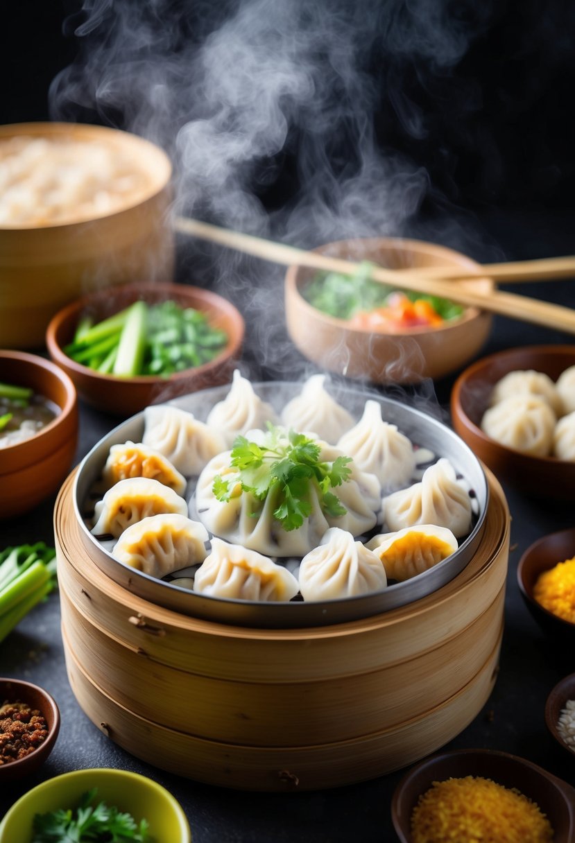 A steaming bamboo steamer filled with various types of dumplings, surrounded by colorful ingredients and cooking utensils