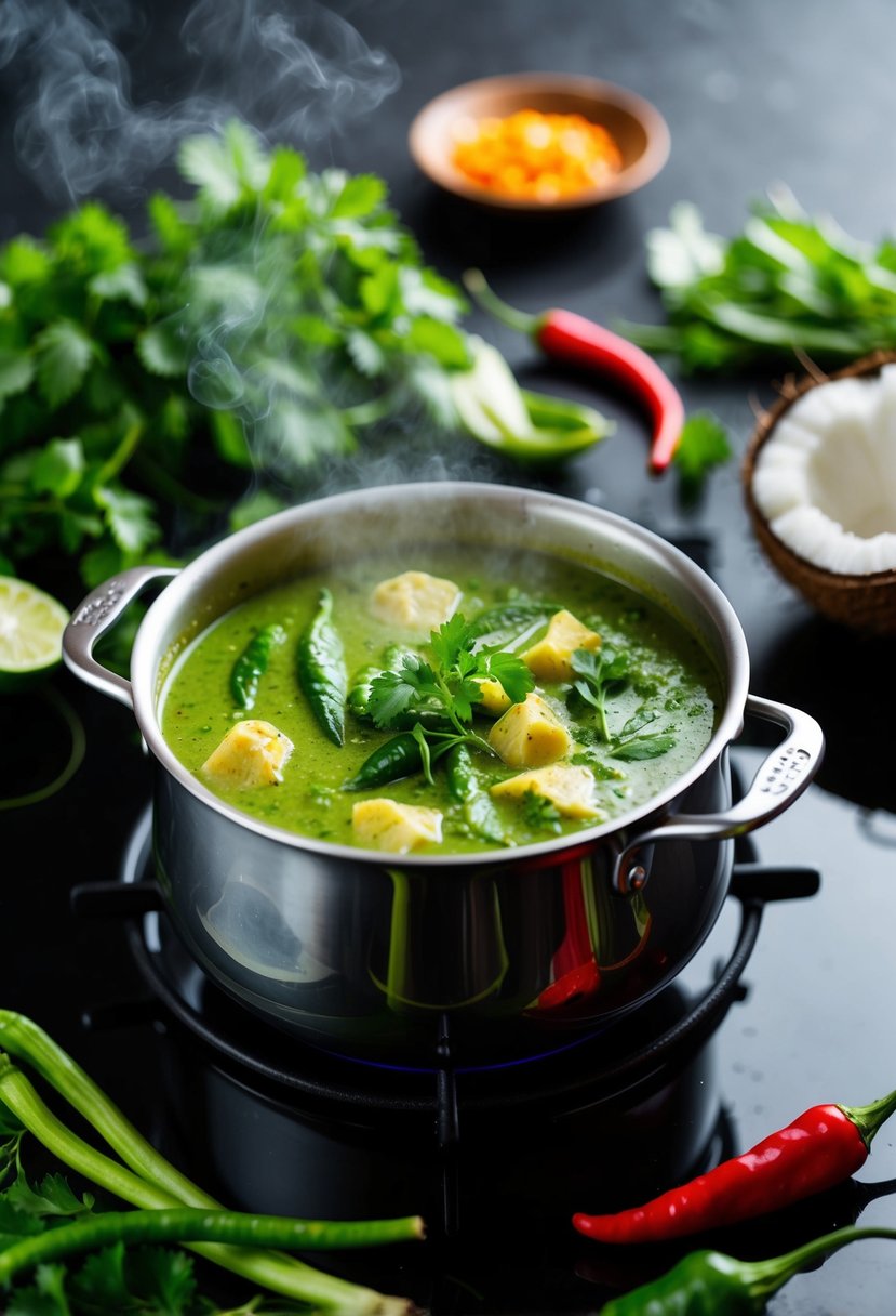 A steaming pot of Thai green curry simmers on a stove, surrounded by vibrant green herbs, chili peppers, and coconut milk