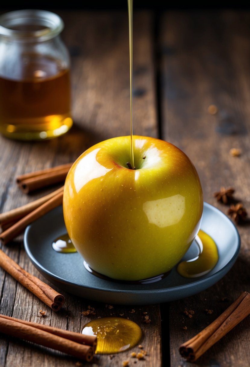 A golden-brown roasted Jonagold apple sits on a rustic wooden table, surrounded by scattered cinnamon sticks and a drizzle of honey