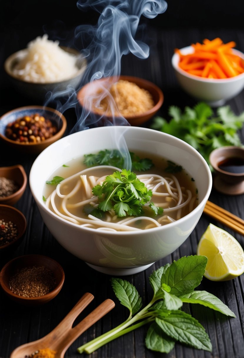 A steaming bowl of pho noodle soup surrounded by traditional ingredients and spices