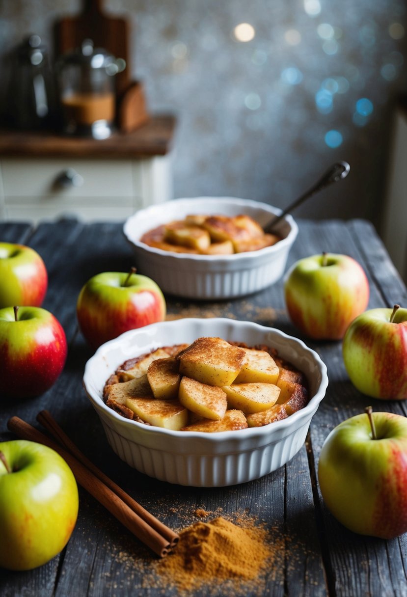 A rustic kitchen table with a warm apple pudding surrounded by fresh Jonagold apples and a sprinkle of cinnamon