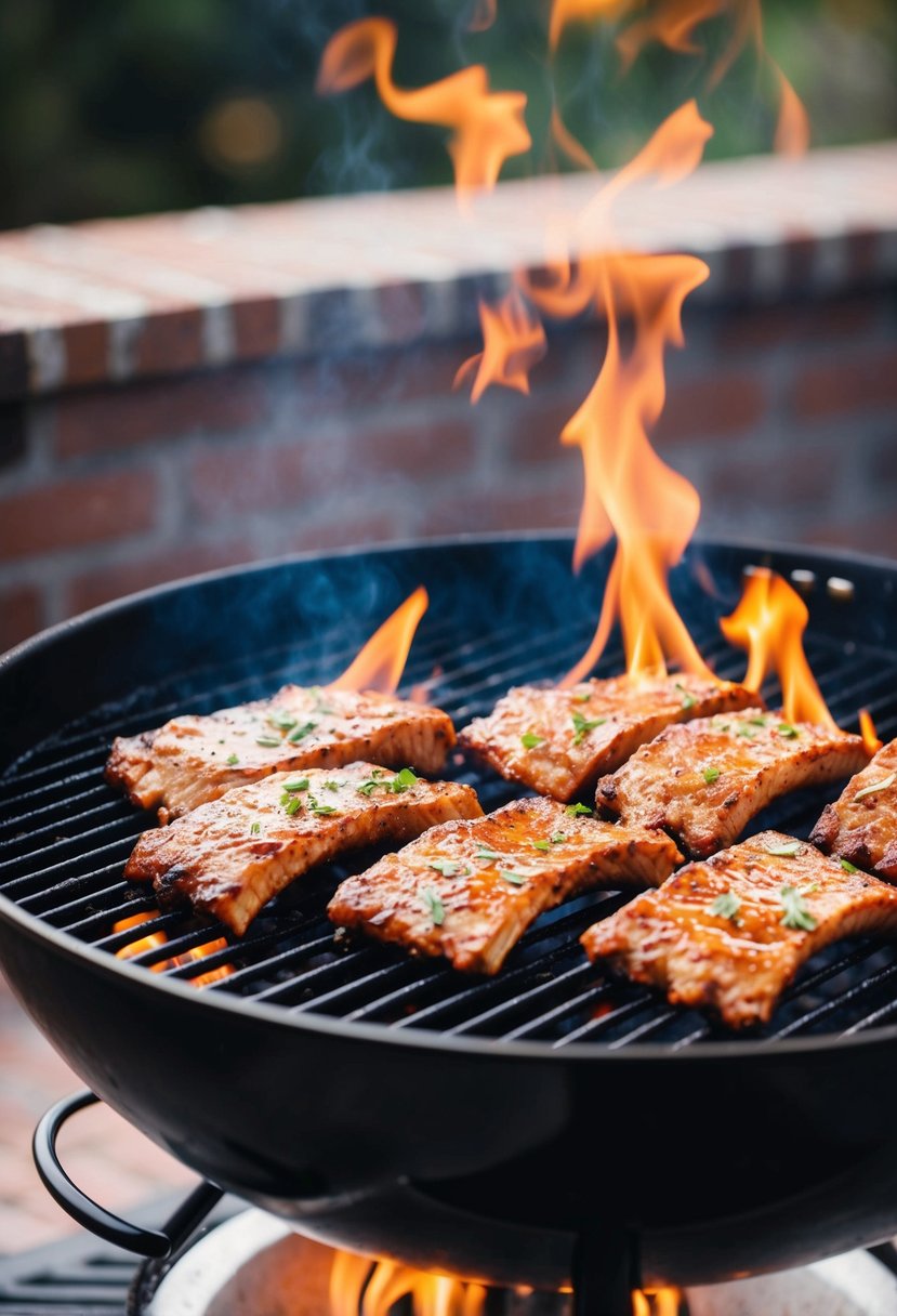 A sizzling grill with marinated Korean BBQ ribs cooking over charcoal flames