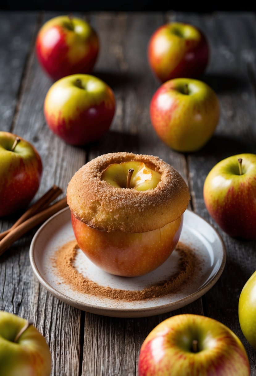 A golden-brown baked apple with a cinnamon-sugar crust sits on a rustic wooden table surrounded by scattered jonagold apples and a sprinkle of cinnamon