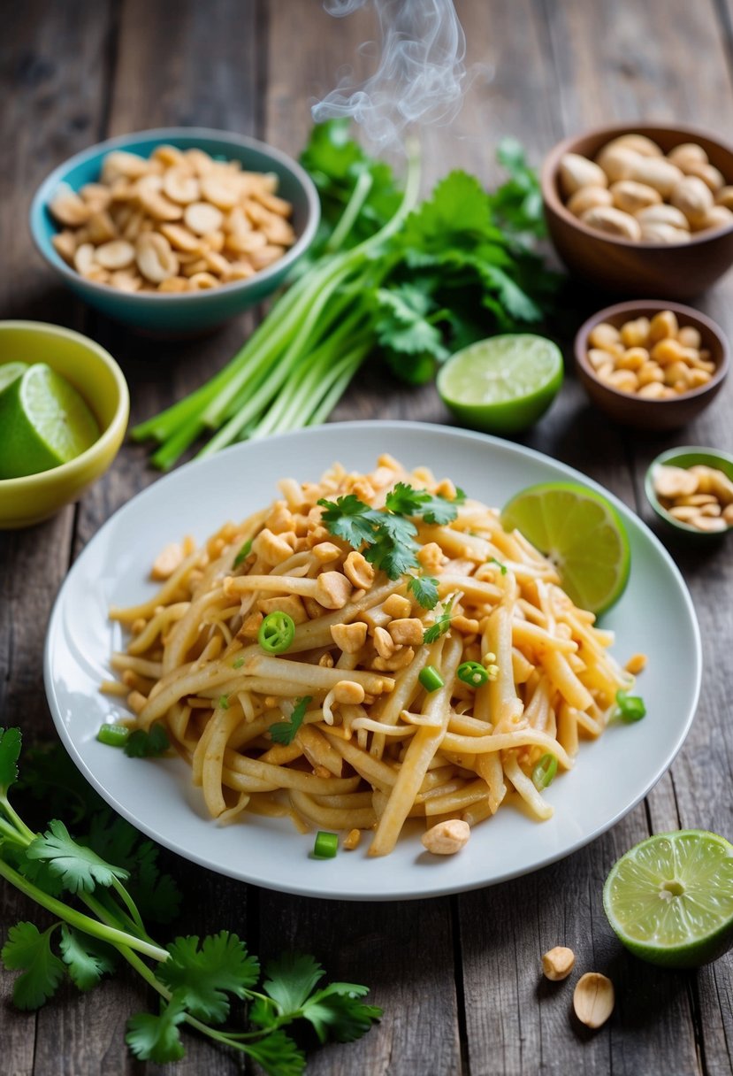 A steaming plate of Pad Thai sits on a rustic wooden table, surrounded by vibrant ingredients like peanuts, lime, and cilantro