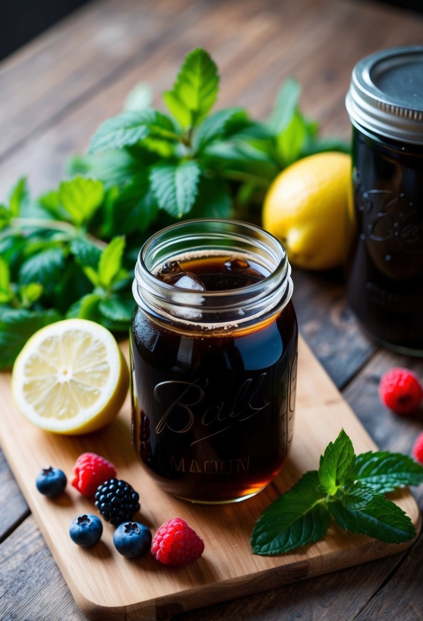 A glass jar filled with cold brew coffee sits on a wooden table, surrounded by fresh ingredients like mint, lemon, and berries