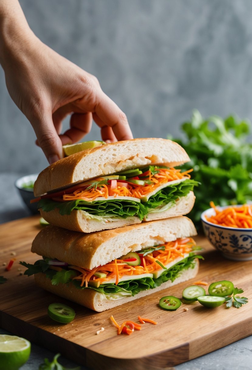 A Banh Mi sandwich being assembled with fresh ingredients on a wooden cutting board