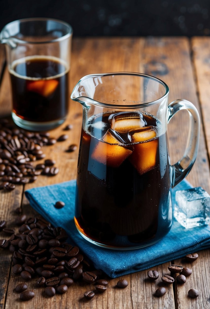 A glass pitcher filled with dark cold brew coffee, surrounded by coffee beans and ice cubes on a rustic wooden table