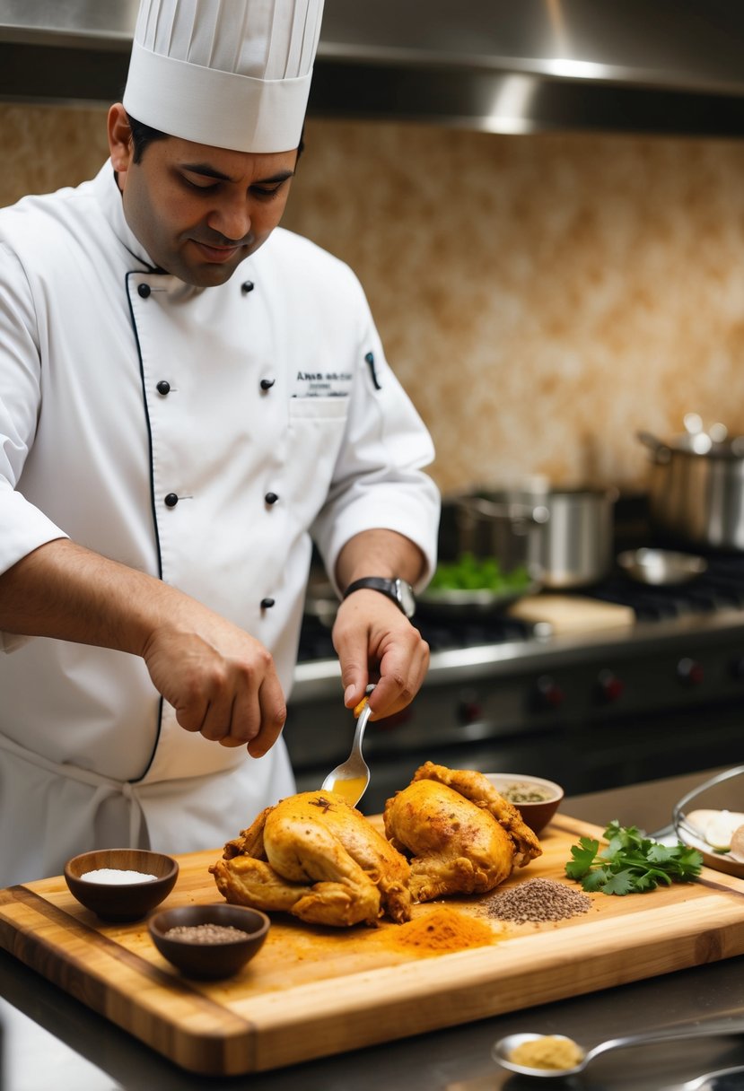 A chef preparing butter chicken with various spices and ingredients on a wooden cutting board