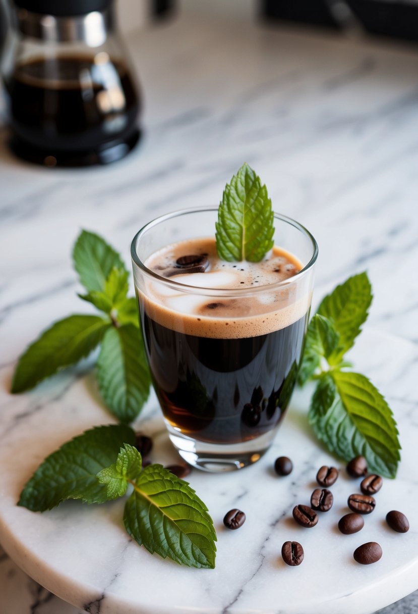 A glass of minty mocha cold brew surrounded by fresh mint leaves and coffee beans on a marble countertop