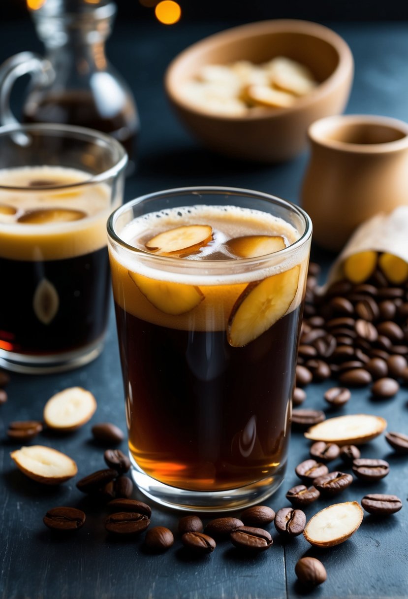 A glass of Vanilla Almond Cold Brew surrounded by coffee beans and almond slices