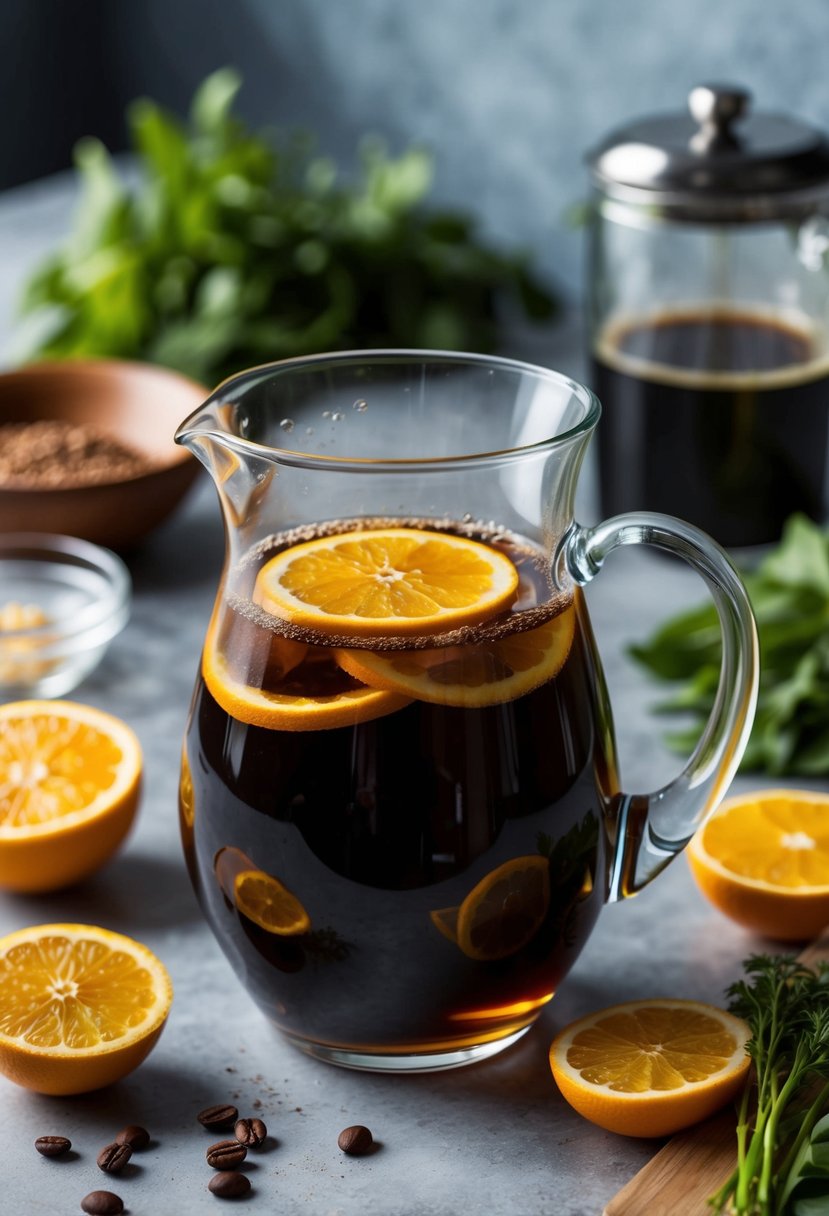 A glass pitcher filled with cold brew coffee, with slices of citrus fruits floating inside, surrounded by fresh ingredients