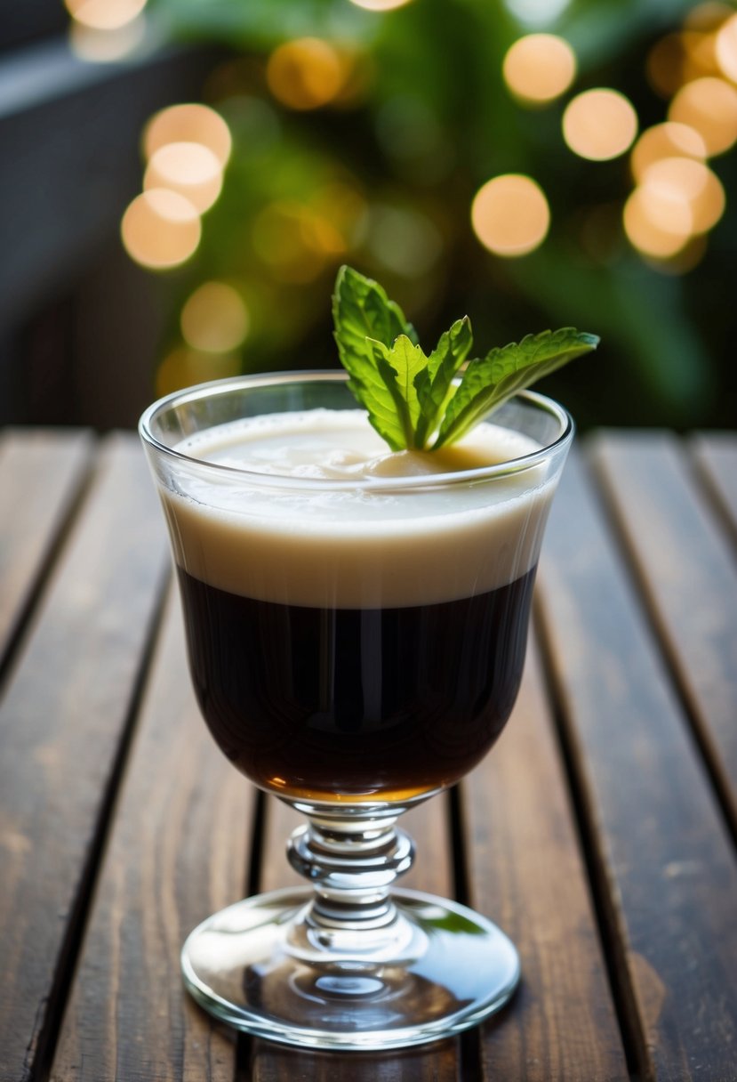 A glass of coconut milk cold brew sits on a wooden table with a sprig of mint on the rim