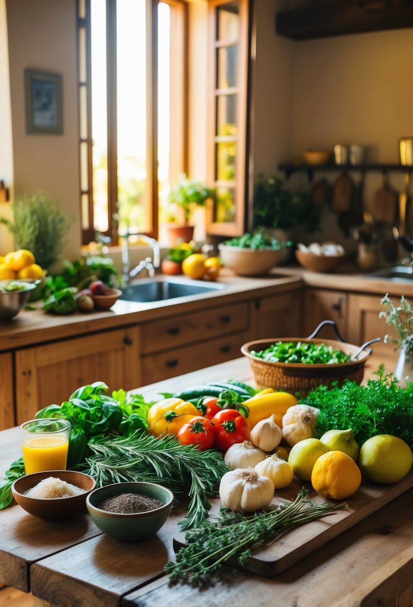 A rustic kitchen with fresh produce, herbs, and traditional Sicilian ingredients laid out on a wooden table. The warm sunlight streams through a window, casting a cozy glow over the scene