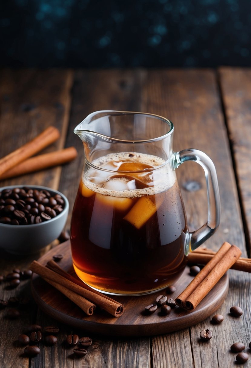 A glass pitcher filled with spiced cinnamon cold brew surrounded by fresh cinnamon sticks and whole coffee beans on a rustic wooden table