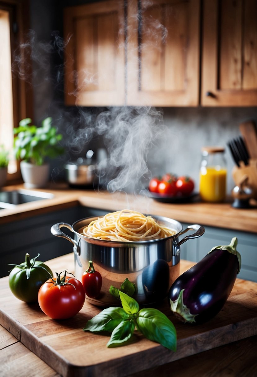 A rustic kitchen with a steaming pot of pasta, fresh eggplants, tomatoes, and basil on a wooden countertop