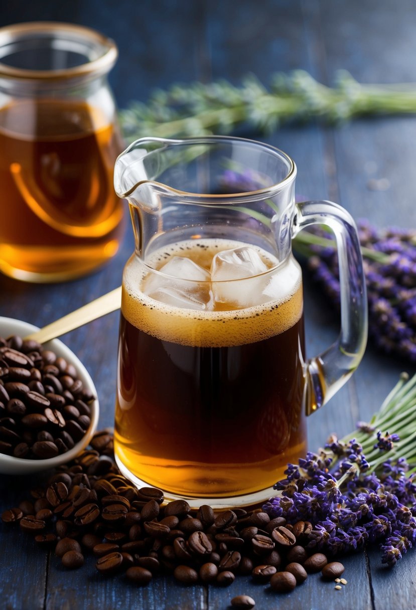 A glass pitcher filled with honey lavender cold brew surrounded by fresh lavender and a pile of coffee beans