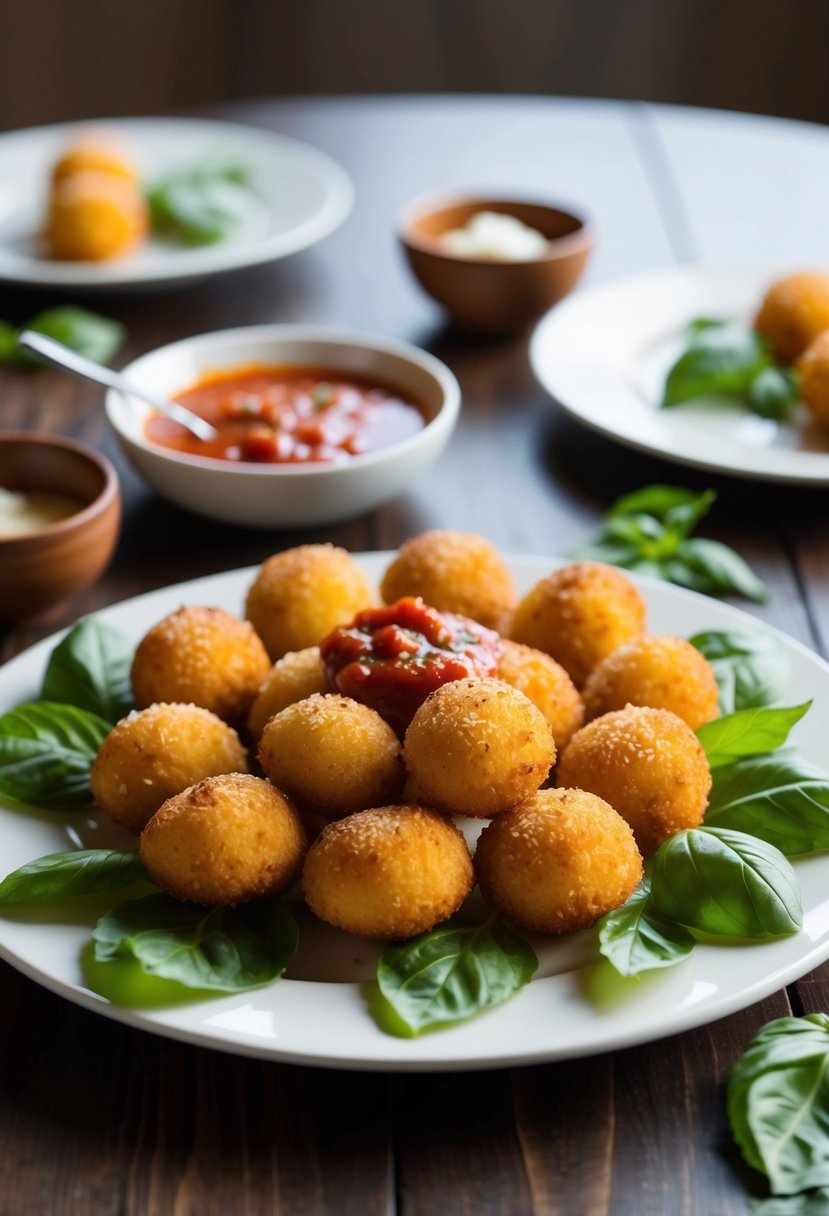 A table set with a platter of golden, crispy arancini surrounded by fresh basil leaves and a dollop of marinara sauce