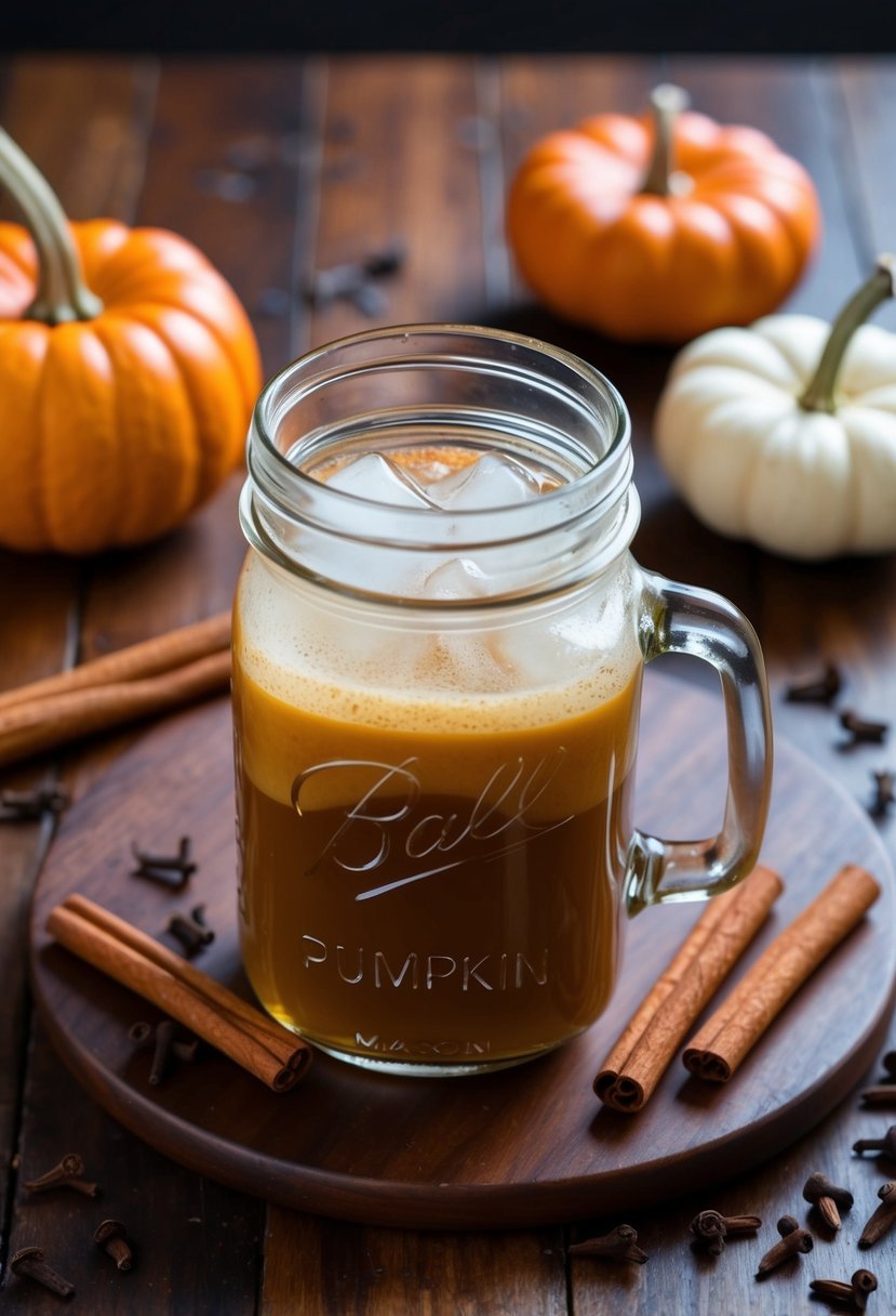 A mason jar filled with Pumpkin Spice Cold Brew surrounded by cinnamon sticks and whole cloves on a wooden table