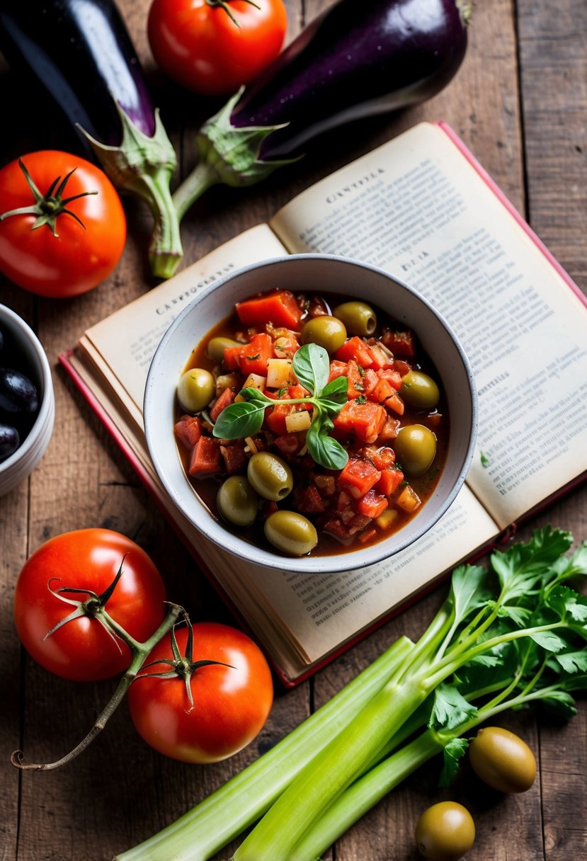 A rustic kitchen table with a bowl of caponata, surrounded by fresh eggplants, tomatoes, celery, and olives. A vintage cookbook lies open to a Sicilian recipe