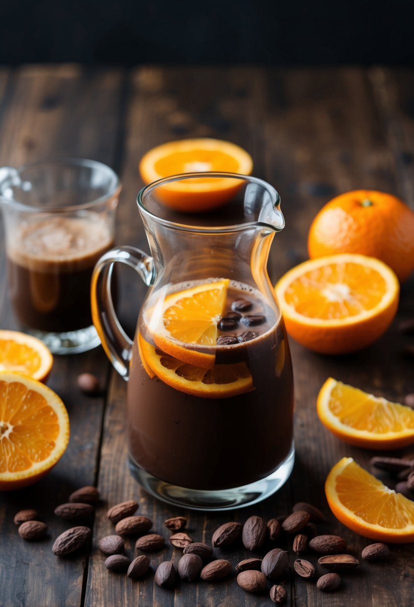 A glass pitcher filled with chocolate orange cold brew surrounded by fresh orange slices and cacao beans on a wooden table