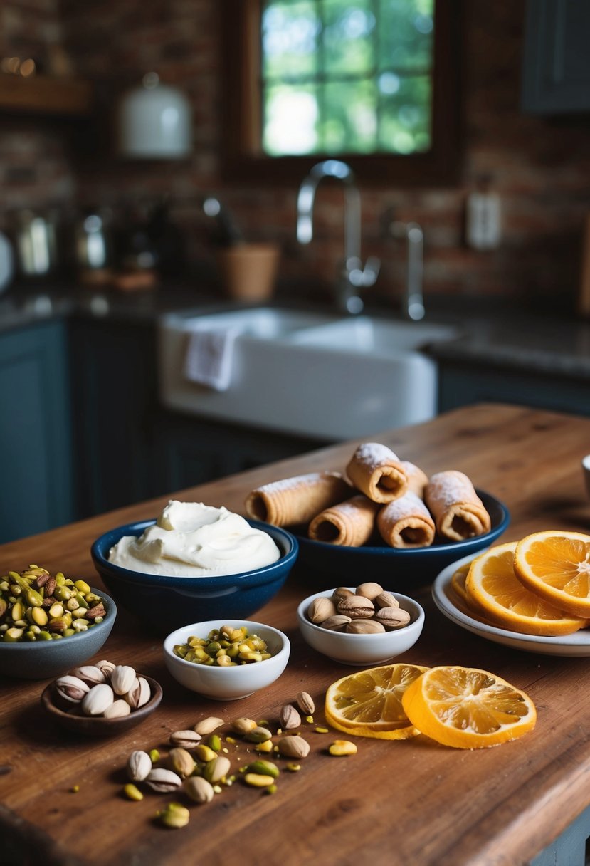 A rustic kitchen counter with a variety of traditional Sicilian cannoli ingredients laid out, including ricotta cheese, pistachios, and candied citrus peel