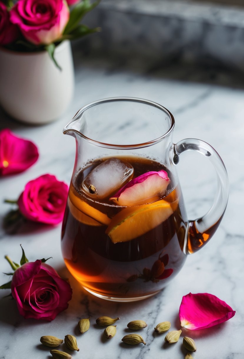 A glass pitcher filled with Cardamom Rose Cold Brew sits on a marble countertop, surrounded by fresh rose petals and whole cardamom pods