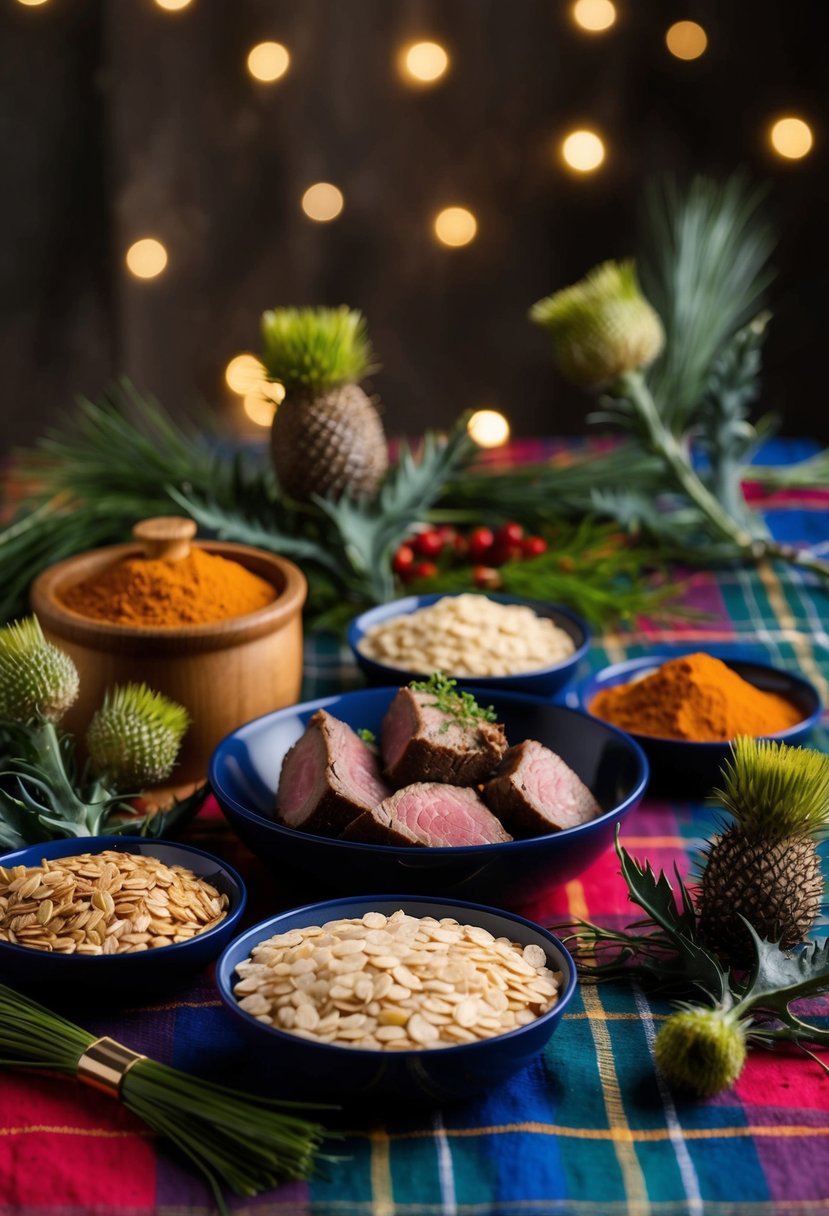 A table set with traditional Scottish ingredients like oats, lamb, and spices, surrounded by tartan fabric and thistle decorations