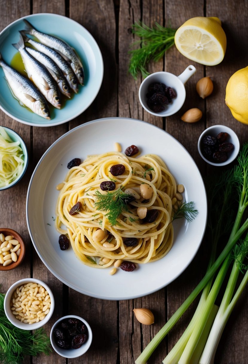 A rustic kitchen table set with a plate of Pasta con le Sarde, surrounded by ingredients like sardines, fennel, raisins, pine nuts, and saffron