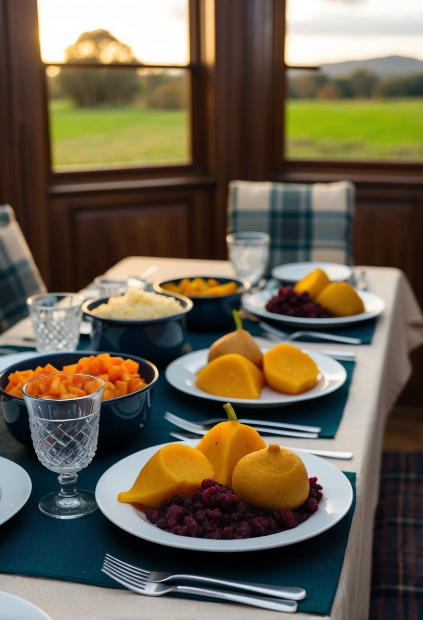 A table set with a traditional St. Andrews Day feast of neeps and tatties, surrounded by a cozy Scottish countryside backdrop