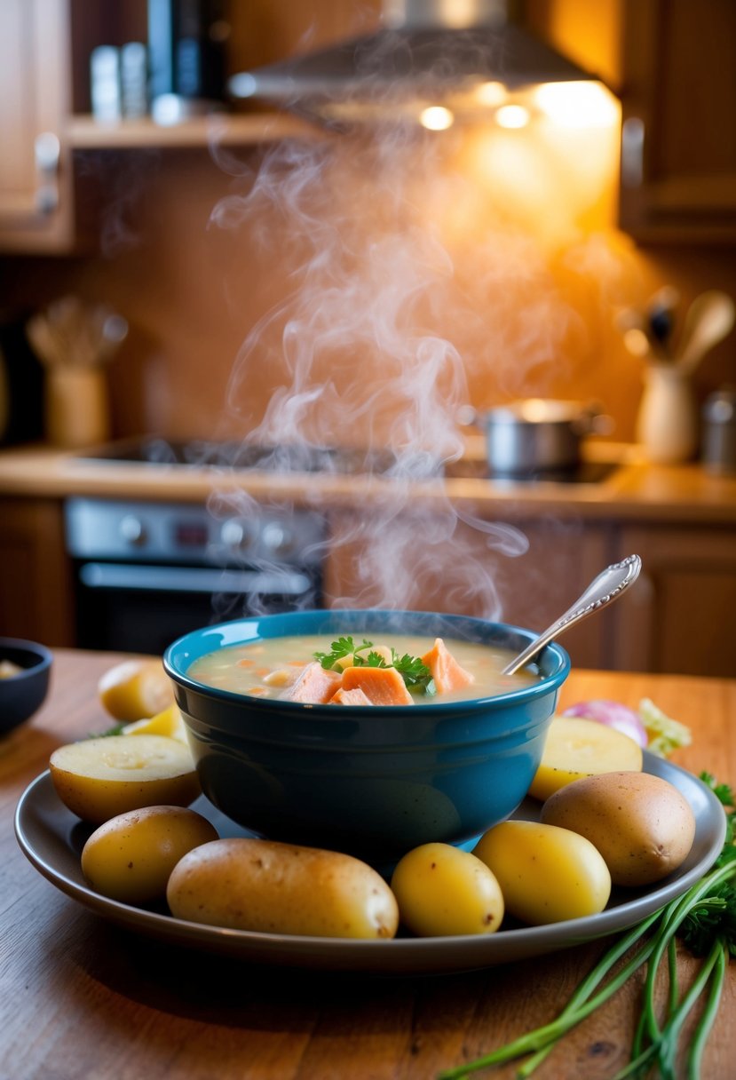 A steaming bowl of Cullen Skink soup surrounded by ingredients like smoked haddock, potatoes, and onions, with a warm, cozy kitchen in the background