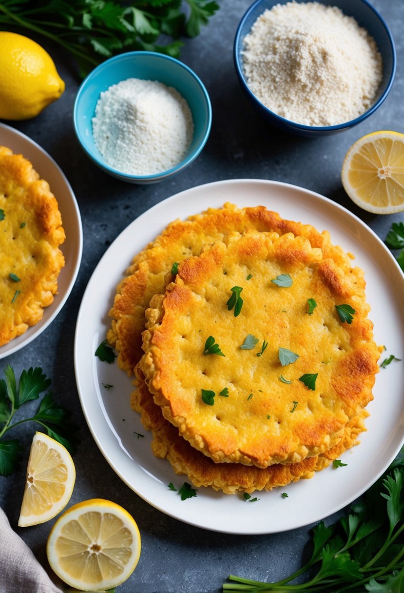 A table set with golden, crispy panelle surrounded by vibrant ingredients like chickpea flour, parsley, and lemon slices