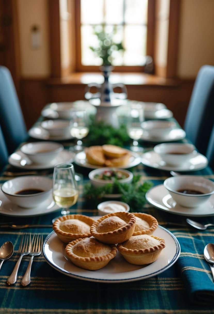 A table set with traditional Scottish dishes, including Scotch pies, on St. Andrew's Day