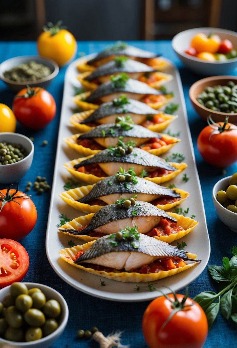 A table set with a colorful array of swordfish involtini, surrounded by vibrant Sicilian ingredients like tomatoes, capers, and olives