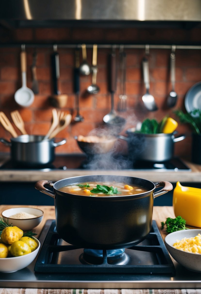 A rustic kitchen with a pot simmering on the stove, surrounded by various ingredients and utensils for preparing traditional Clapshot St Andrews Day recipes