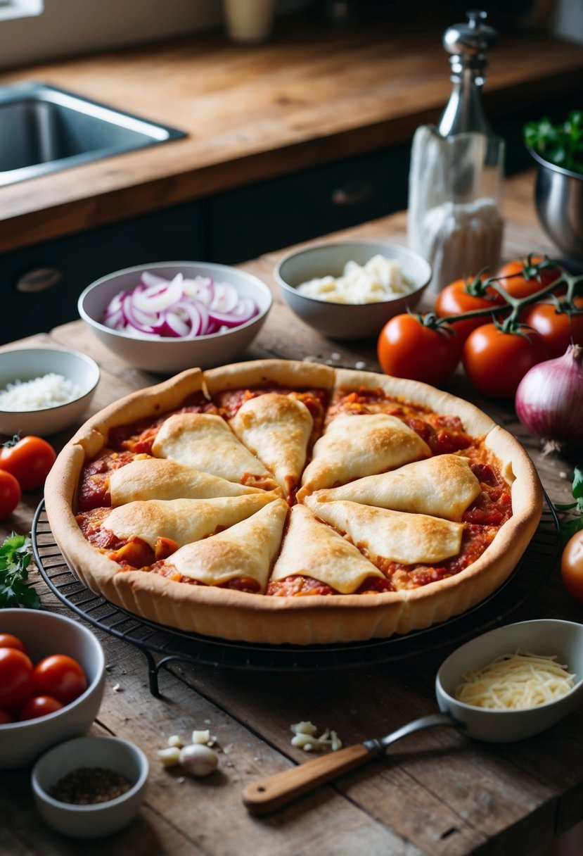 A rustic kitchen table with a freshly baked sfincione, surrounded by ingredients like tomatoes, onions, and cheese. A warm, inviting atmosphere