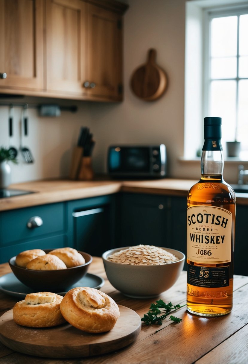 A cozy kitchen with a rustic wooden table set with freshly baked bannocks, a bowl of oats, and a bottle of Scottish whiskey for St. Andrew's Day