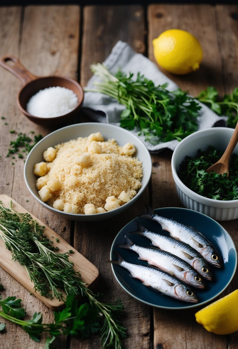 A rustic kitchen table set with ingredients for Sardine Beccafico, including sardines, breadcrumbs, lemon, and herbs