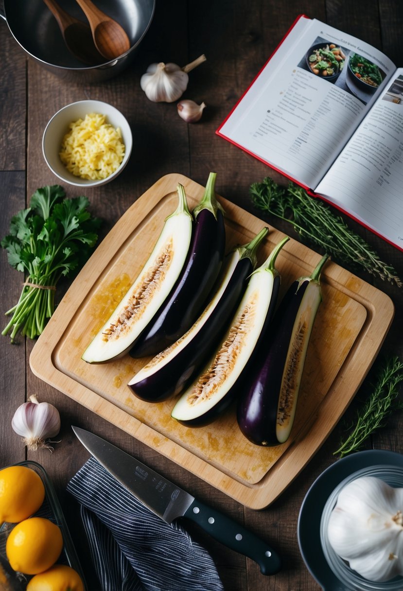 A cutting board with sliced eggplants, garlic, and herbs, surrounded by cooking utensils and a recipe book